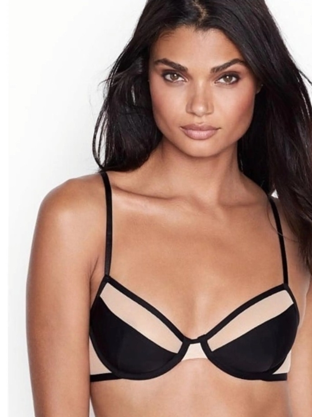Victoria's Secret Unlined Demi Underwired Bra Black Beige Mesh 32DD